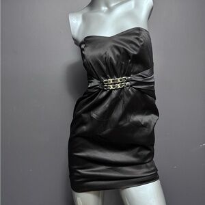 BCBG Y2K Black Strapless Satin Black Gold-Chain-Detail Dress